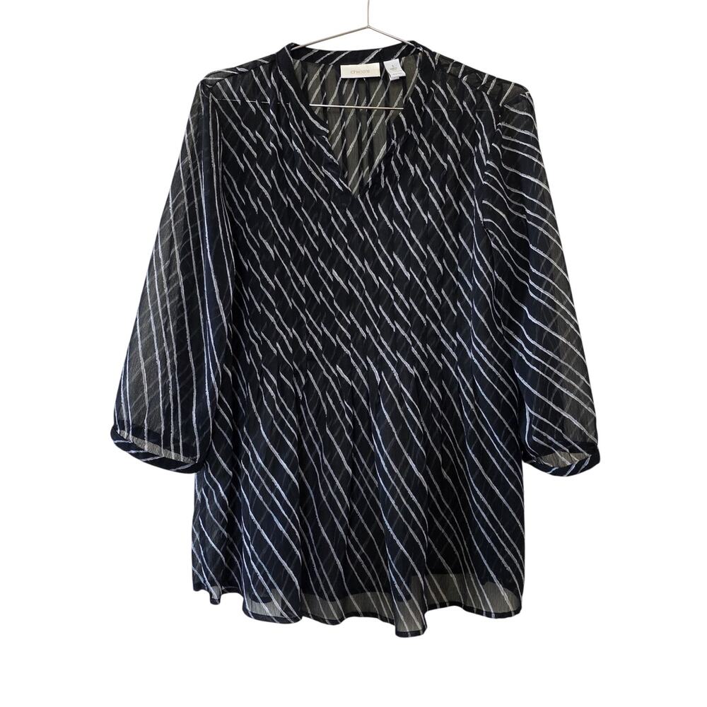 Chicos Black White Sheer Striped Tunic Blouse Womens Size 1 Lightweight